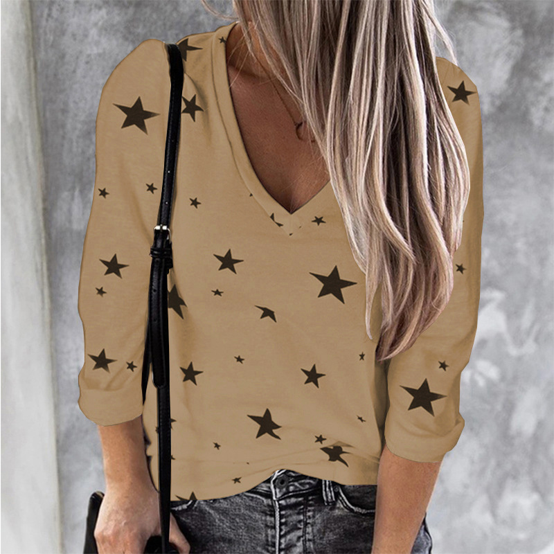 autumn and winter star printing V-neck long-sleeved t-shirt  NSLZ26706