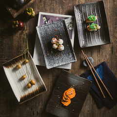 日式料理餐廳長方盤復古餐具陶瓷盤子西餐盤石紋盤平板盤子壽司盤