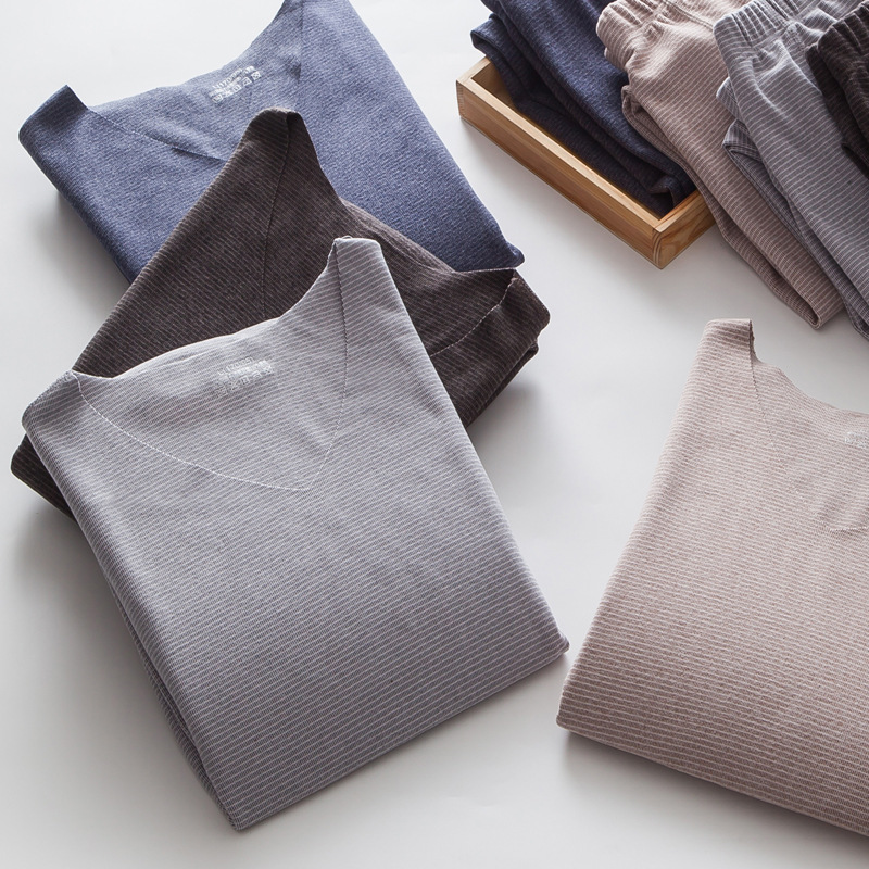 粒格纹双面绒无痕保暖内衣套装男士秋衣秋裤|ru