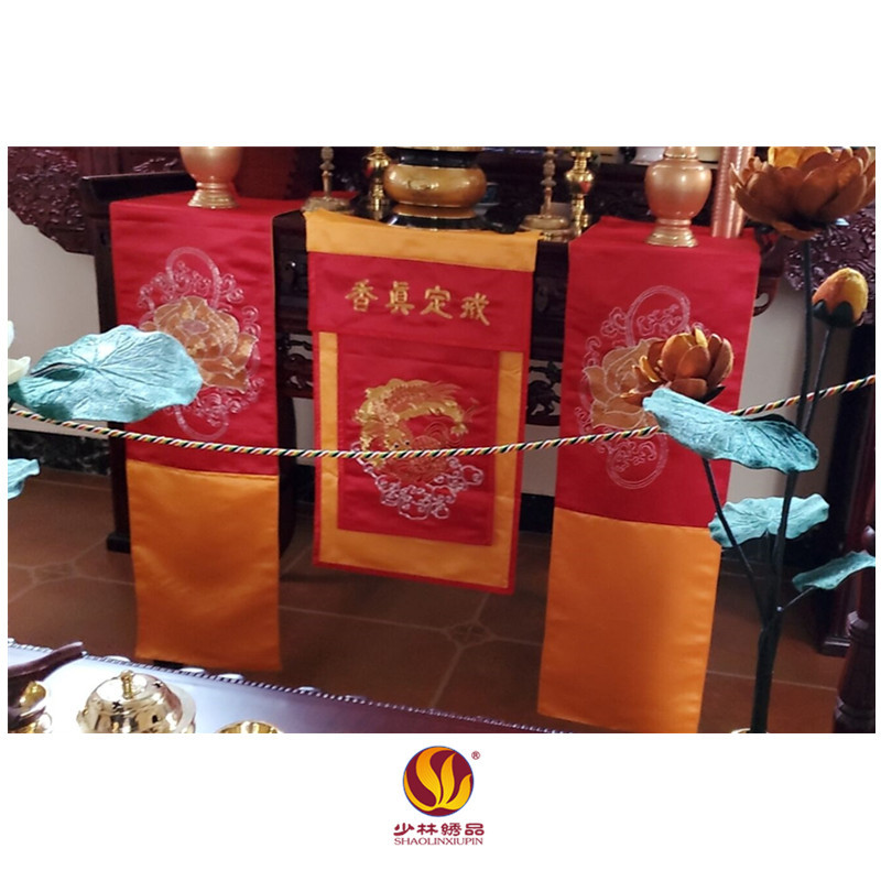 佛教佛堂绣品潮绣手绣盘金绣戒定真香荷花桌旗三件套刺绣厂家直销