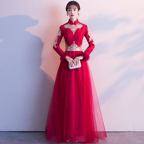 Chinese Dress Qipao for women cheongsam Fu Niang wine red wedding back door long sleeve thick warm national dress