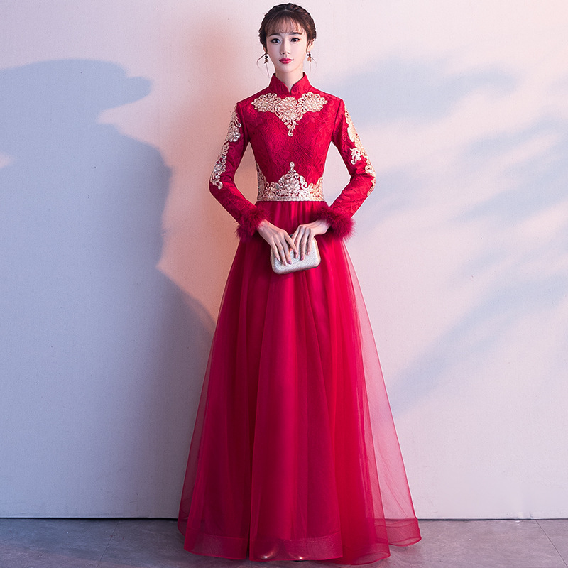 Chinese Dress Qipao for women cheongsam Fu Niang wine red wedding back door  long sleeve thick warm national dress