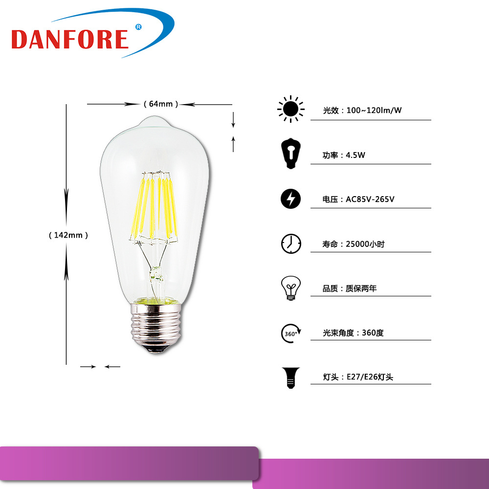 Decoración de la iluminación del bulbo del pezón del bulbo LED E27 del filamento de 4 ~ 8W ST64 Nuevo