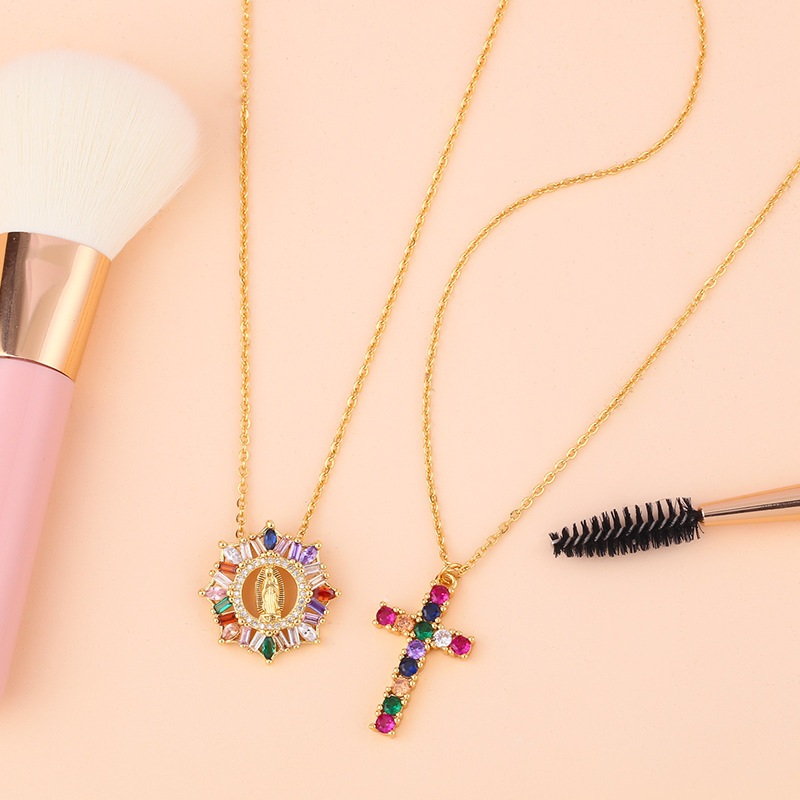 New necklace Cross Our Lady Pendant Necklace with Color Zircon Necklace
