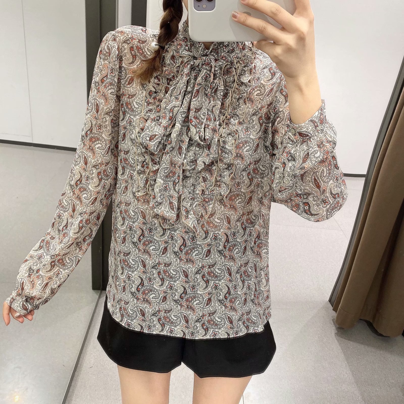 wholesale autumn bow decoration printed blouse top NSAM6418