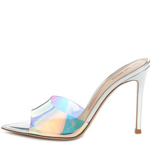 欧美时尚尖头炫彩PVC穆勒鞋Elegant细高跟Party宴会凉拖跨境货源