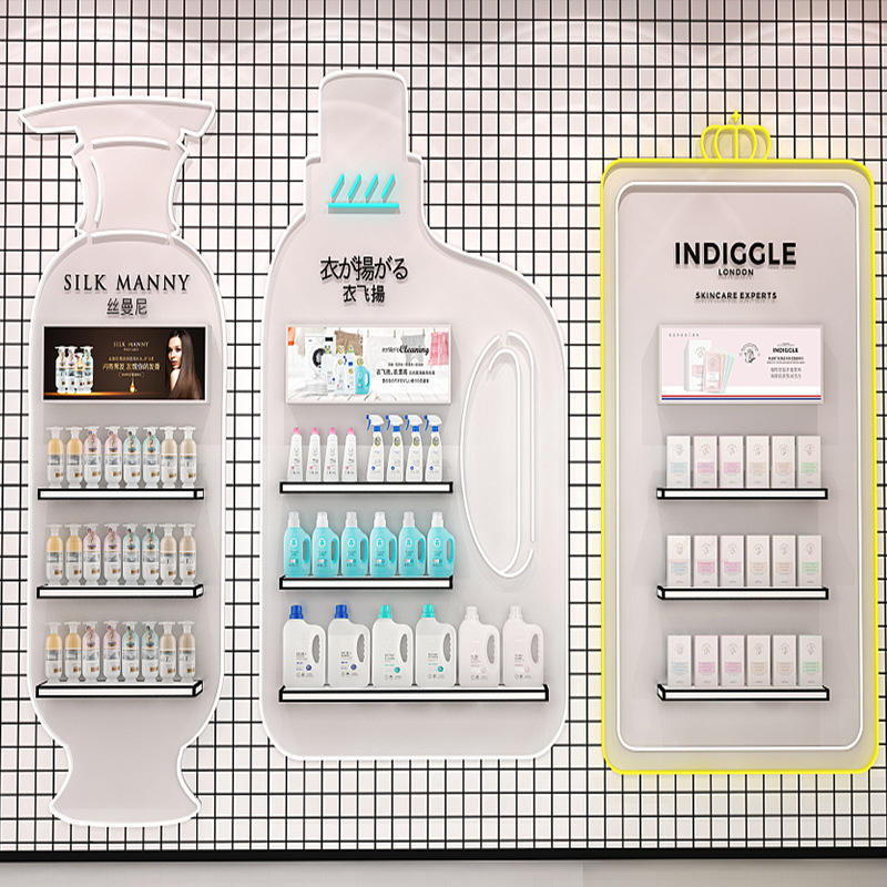 简约时尚款彩妆体验台木质烤漆亚克力台面展示柜带镜子四面柜