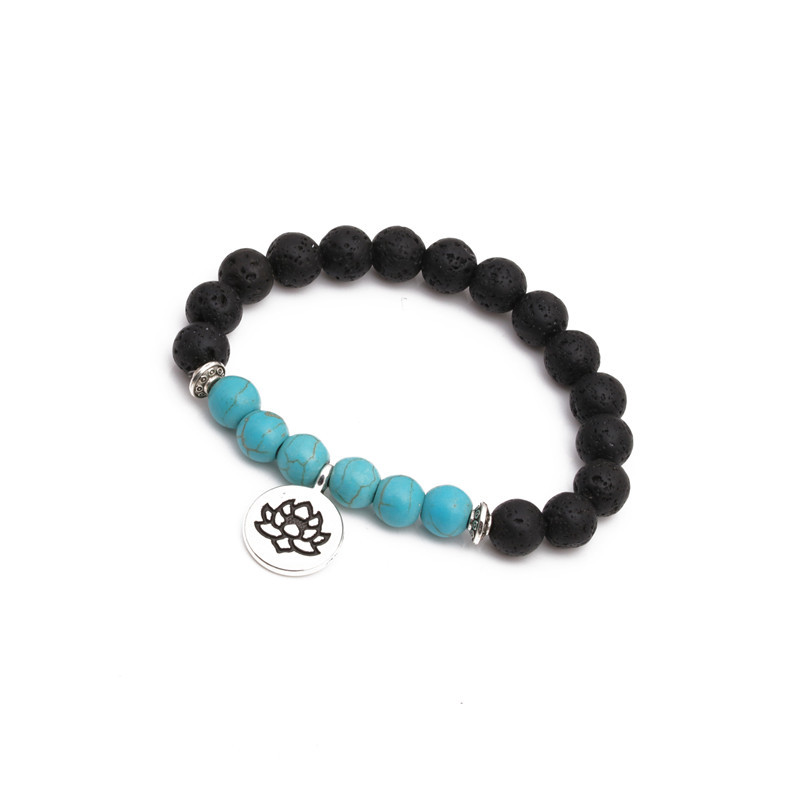 Volcanic Stone Lotus Bracelet Men&#39;s Beaded Flame Stone Blue Turquoise Bracelet display picture 2