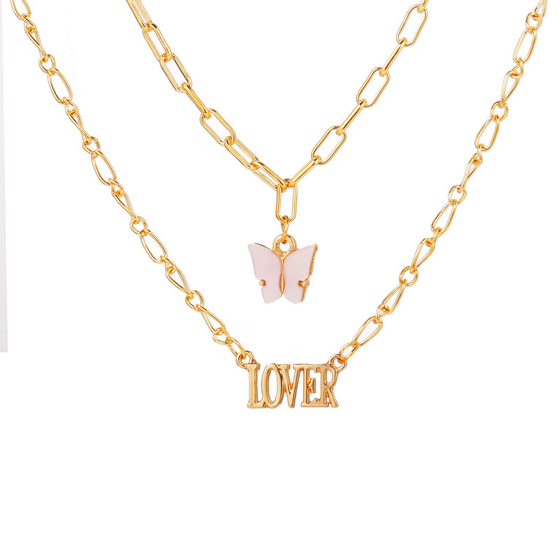 Hot-selling Butterfly Retro Multi-layer English Letter Alloy Pendant Necklace Bone Chain display picture 5