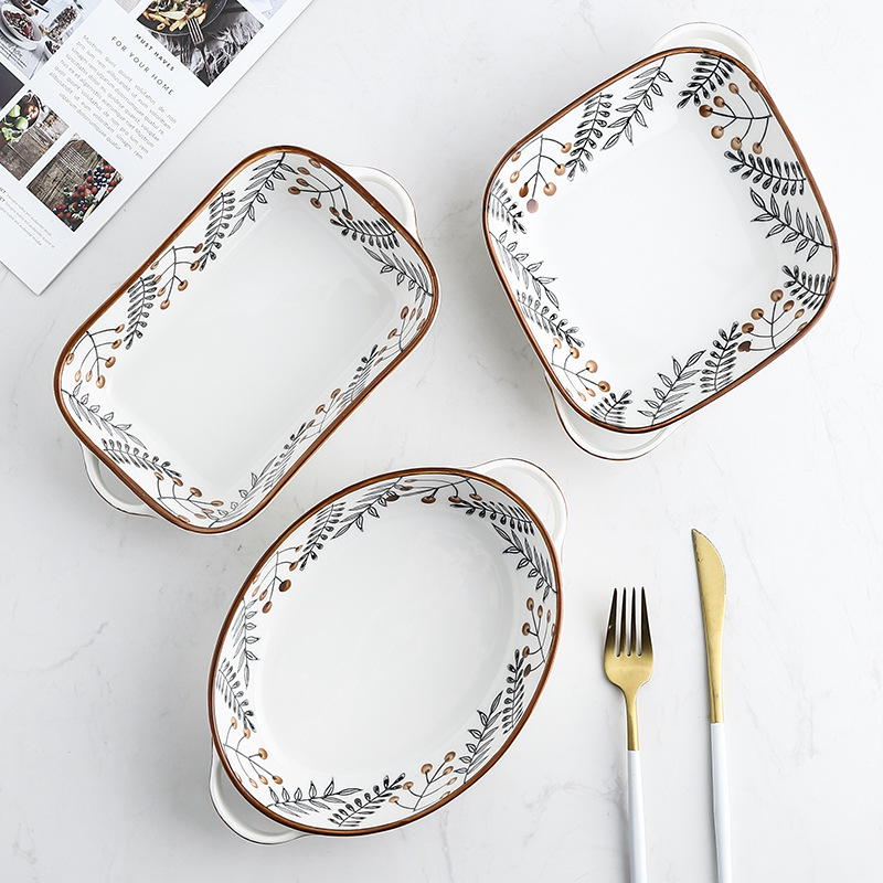 Bandeja de cocción pintada a mano de vena creativa bandeja de horno de microondas de cerámica bandeja de hornear queso bandeja de cocción de arroz al horno plato de ensalada de cerámica