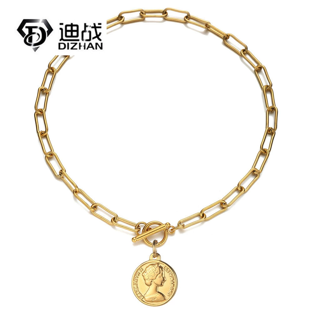 Европейская и американская мода Джокер из нержавеющей стали скрепки для бумаг красота голова круглая монета кулон OT Bolt Пряжка короткое ожерелье