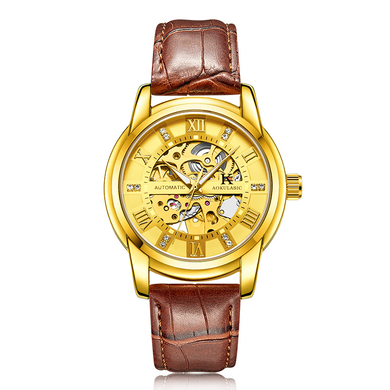 Ogulas AOKULASIC reloj mecánico automático para hombres hollow-out transparent flywheel Belt reloj 5066