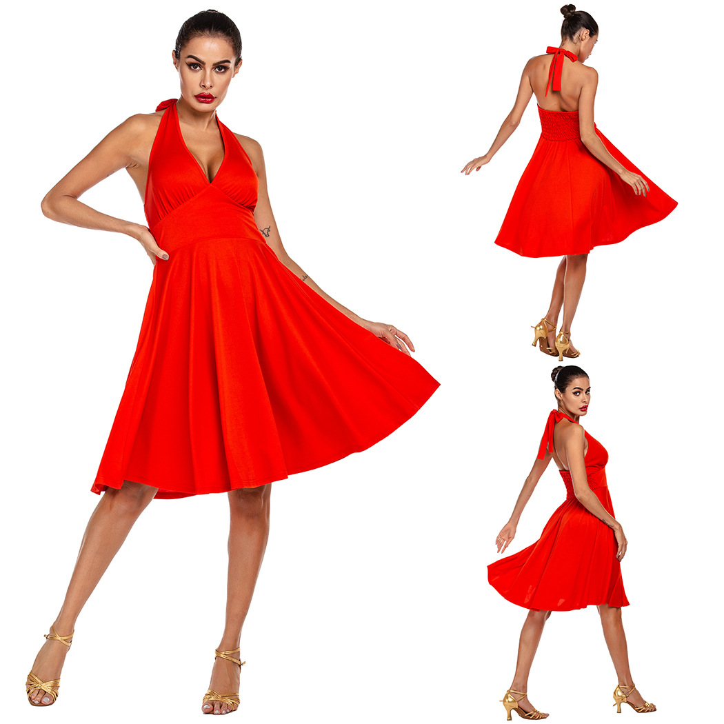 亚马逊出夏新款跨境露背大下摆拉丁舞服欧美女士新款女士舞蹈服