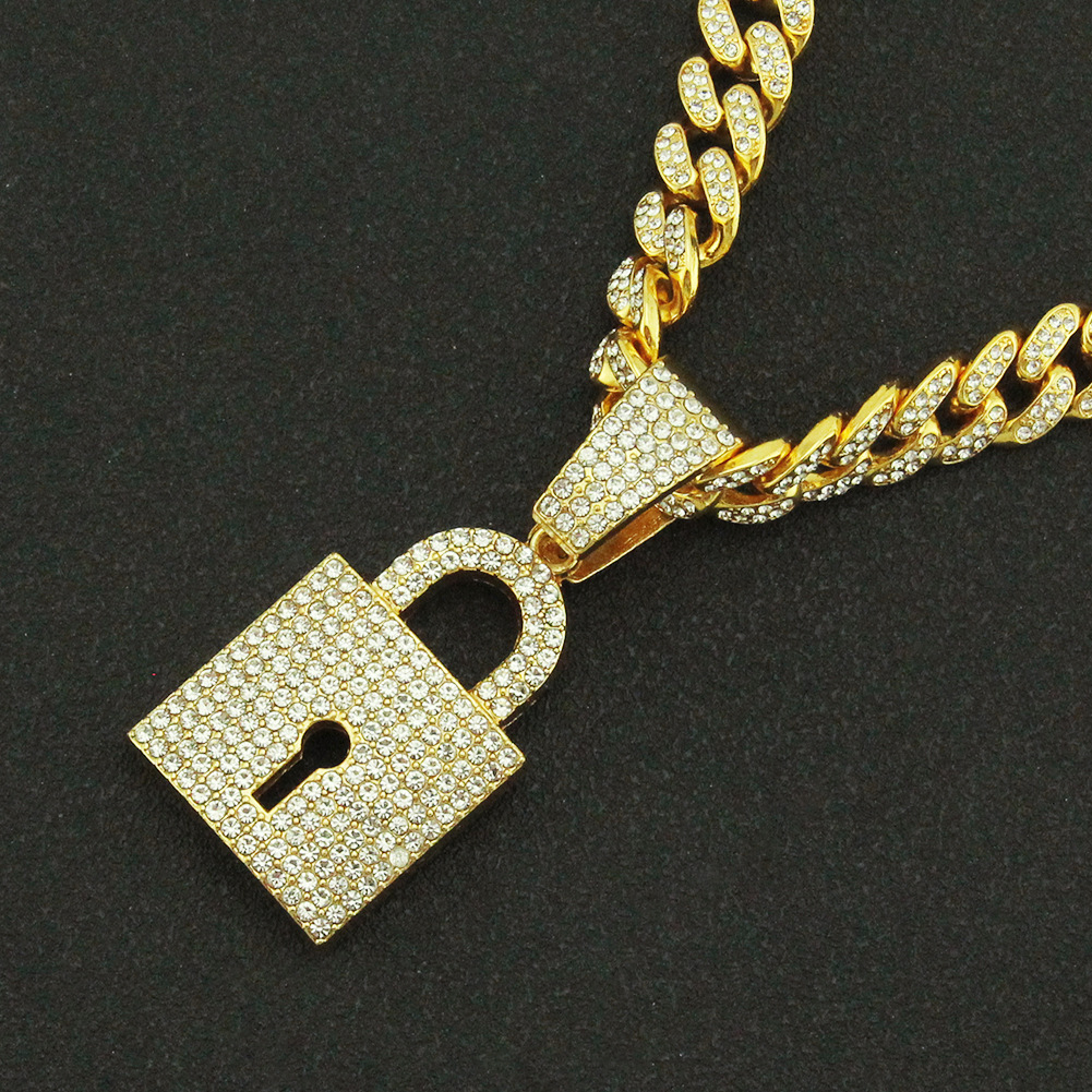 Creative Diamond Lock Shape Pendant Wide Cuban Chain Necklace display picture 4