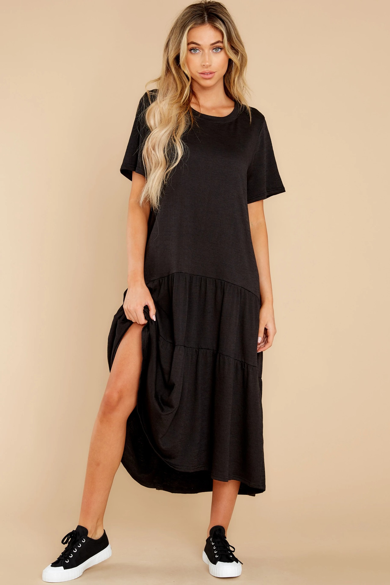 solid color short-sleeved round neck long layered t-shirt dress  NSCXY121784