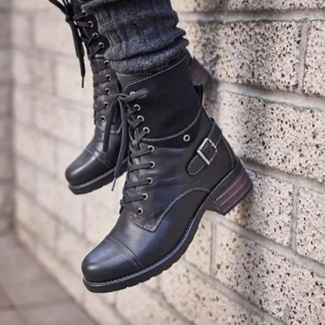 New round head women's thick heels lace-up solid color women's motorcycle boots_voghion.com