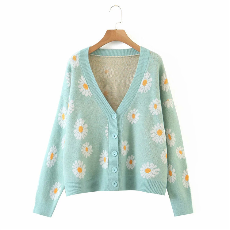 autumn and winter V-neck daisy jacquard cardigan sweater  NSLD15289