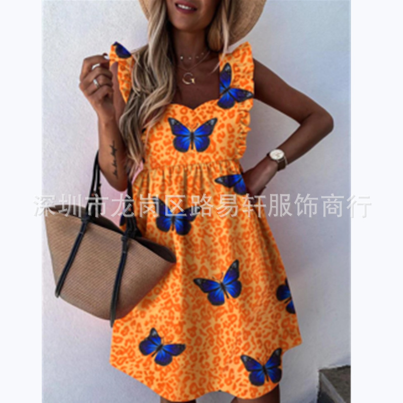 Cross-border 2023 Summer New Women's Clothing Amazon European and American Explosions Leopard Butterfly Printed Square Neck Large Swing Dress