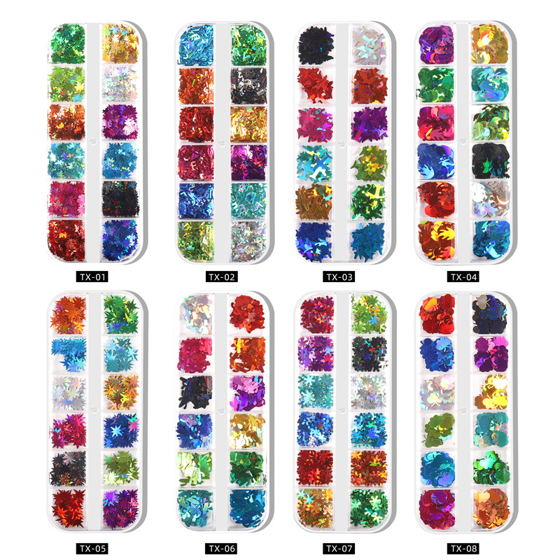 Lentejuelas de uñas populares transfronterizas láser hoja de arce mariposa carta llama lentejuelas DIY caja de tira lentejuelas de uñas