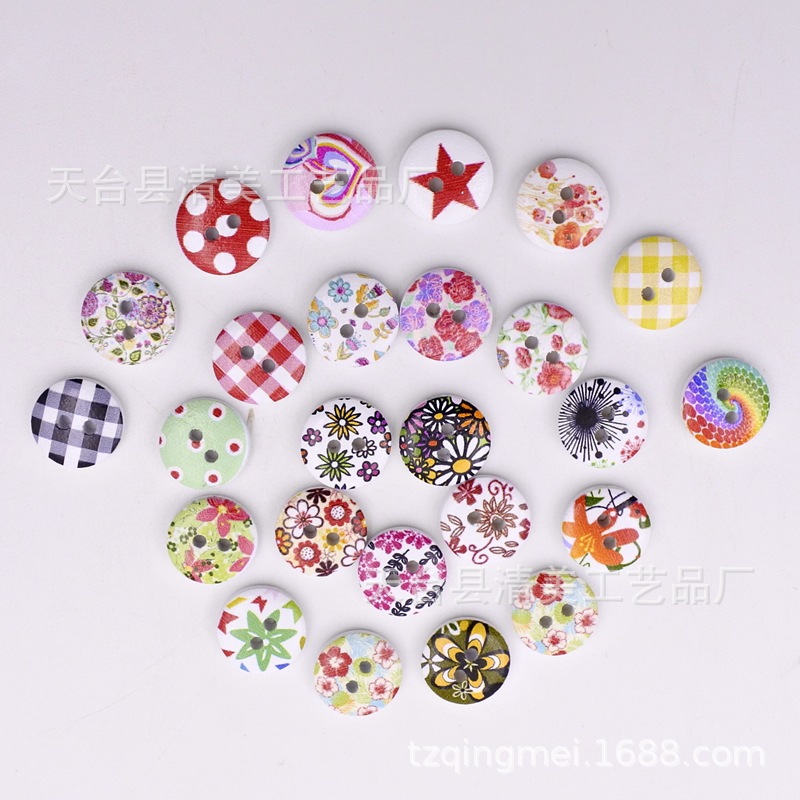 15mm fondo blanco pintado de madera botones decorativos de madera impreso flores y plantas, botones de rayas a cuadros 100 un paquete