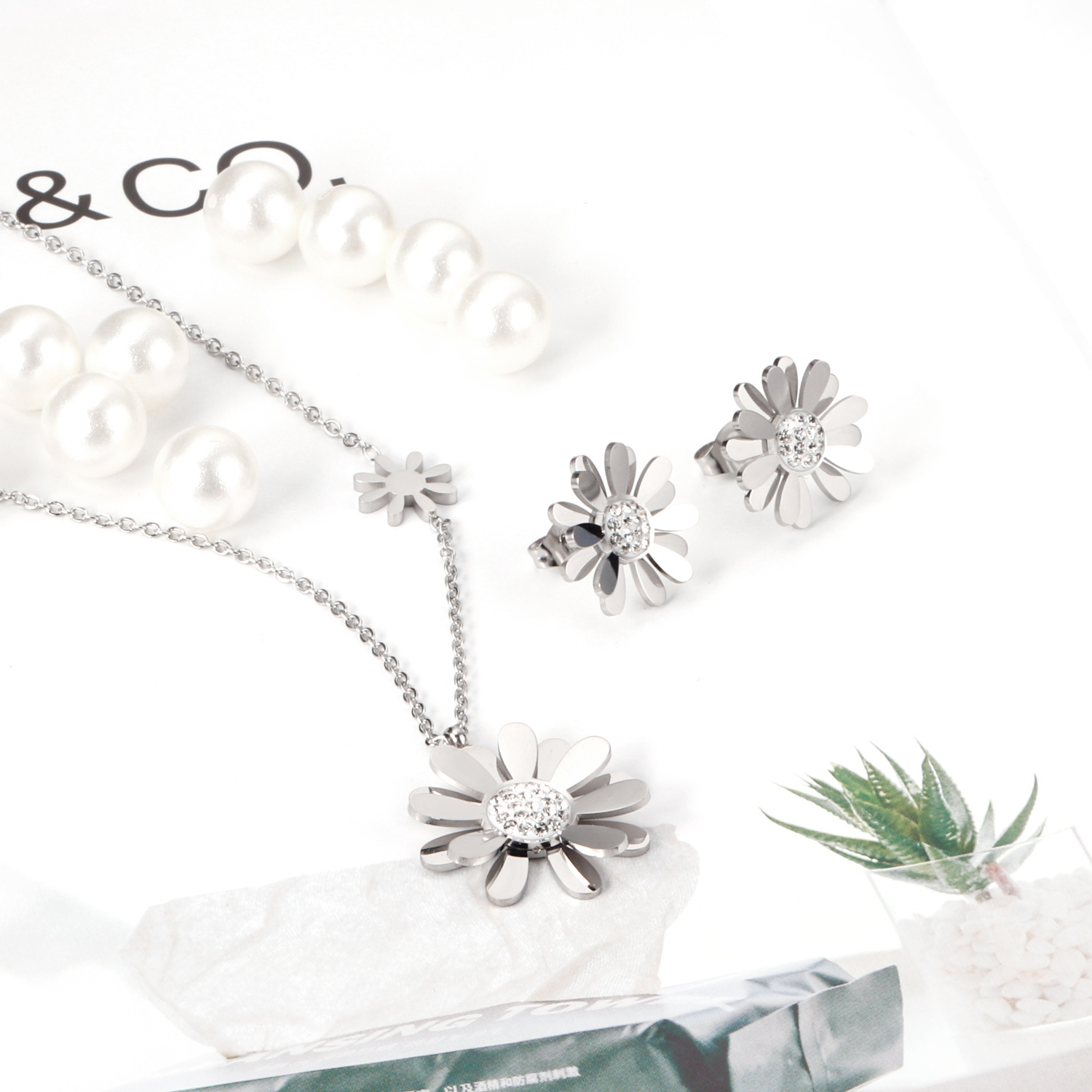 Simple Style Flower Stainless Steel Inlay Zircon Earrings Necklace 1 Set