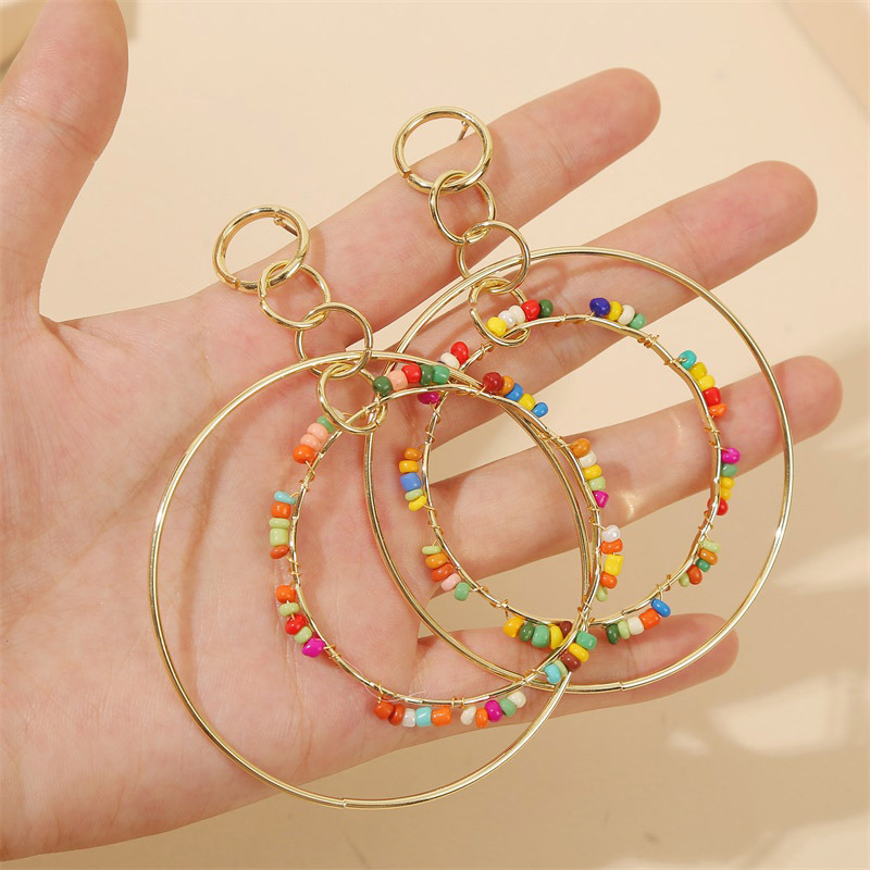 Exaggerated Geometric Round Long Chain Rice Bead Earrings Trend Large Multi-layer Earring Wholesale Nihaojewelry display picture 3