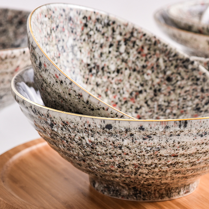 Horno de estilo japonés Flor de lluvia esmalte tazón de fideos de cerámica tazón de ensalada de frutas borde dorado mármol sombrero de paja tazón cubo tazón de sopa grande