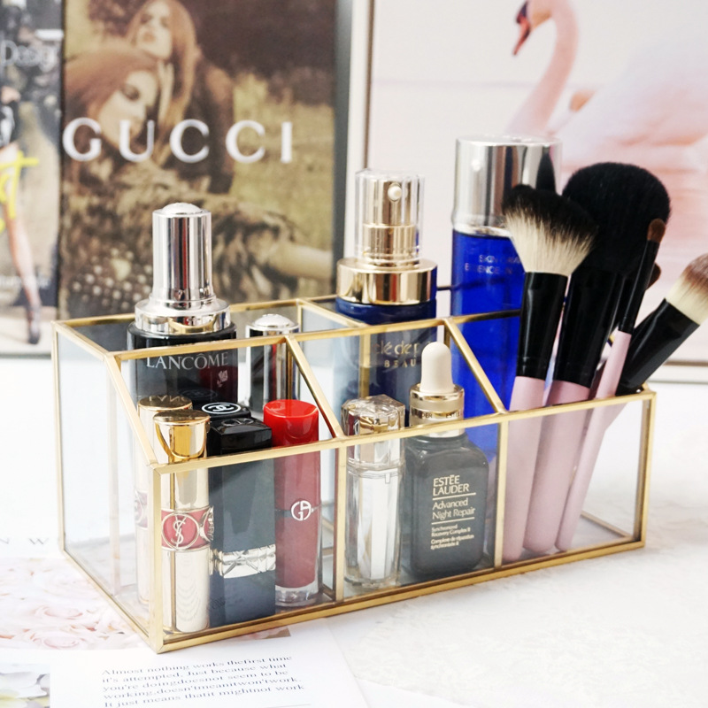 工厂直销黄铜玻璃化妆品收纳盒化妆刷收纳筒美妆刷筒桌面收纳整理|ms