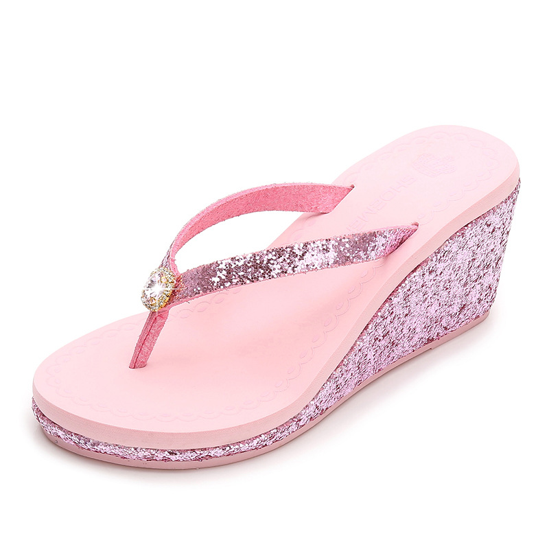 Women's Casual Solid Color Sequins Rhinestone T-Strap Flip Flops display picture 3