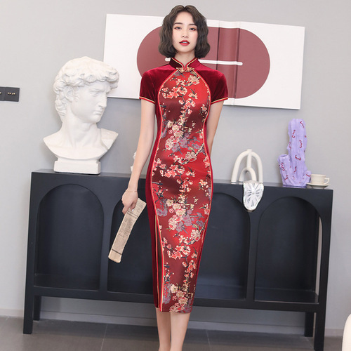 Young girl improved velvet Chinese dresses floral qipao  long temperament dress Chinese style cheongsam