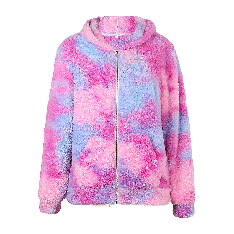 tie-dye printing long-sleeved hooded zipper velvet jacket   NSKX12294