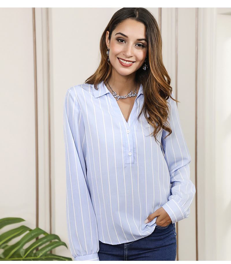 striped V-neck long-sleeved blue shirt nihaostyles clothing wholesale NSWCJ85257