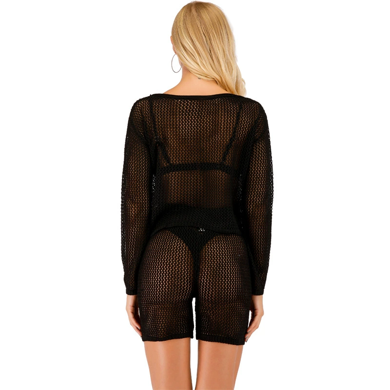crochet bikini cover up Women's Bikini Cover Up Set Solid Color Hollow Mesh Knitted Long Sleeve Tops and High Waist Shorts Set sexy swimsuit cover ups