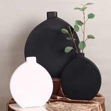 黑白经典陶瓷花瓶现代简约扁鼓瓶家居饰品摆件软装样板房装饰摆饰