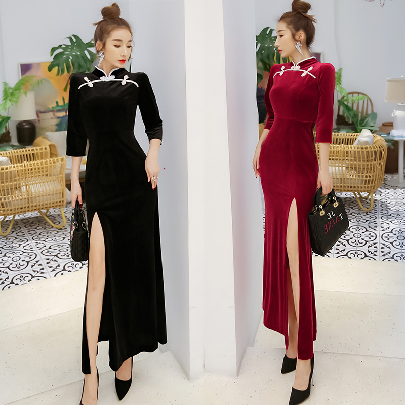 2020秋冬新款金丝绒复古改良旗袍连衣裙女气质名媛修身长裙礼服
