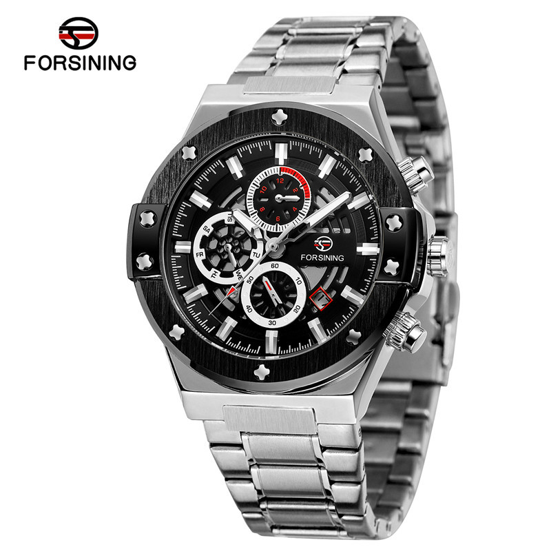 FORSINING Fusini 6914 correa de acero de moda para hombre reloj mecánico automático reloj impermeable luminoso de seis pines