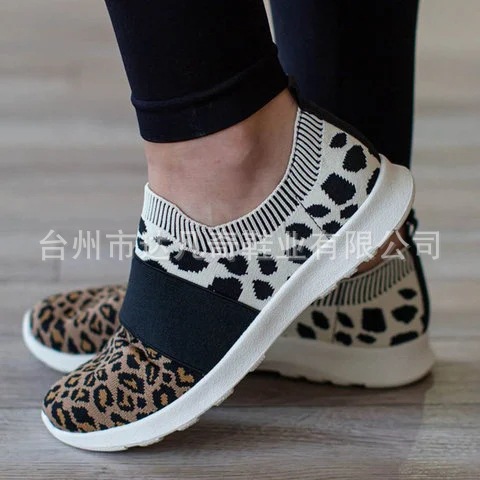 2020飞织大码运动鞋舒适圆头豹纹一脚蹬平底外贸运动鞋WISH速卖通|ms
