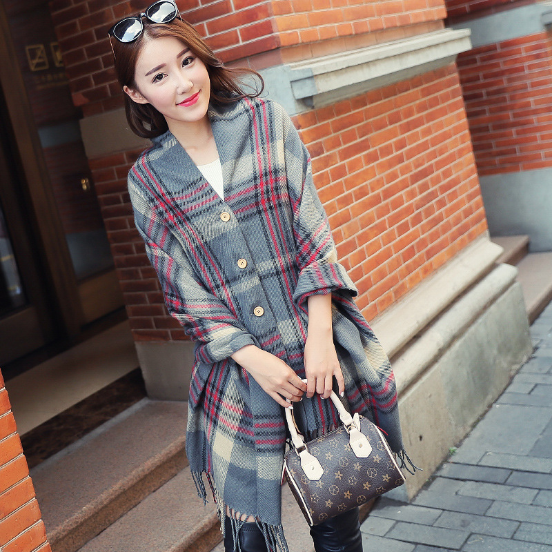 学生纽扣格子双面披肩-776