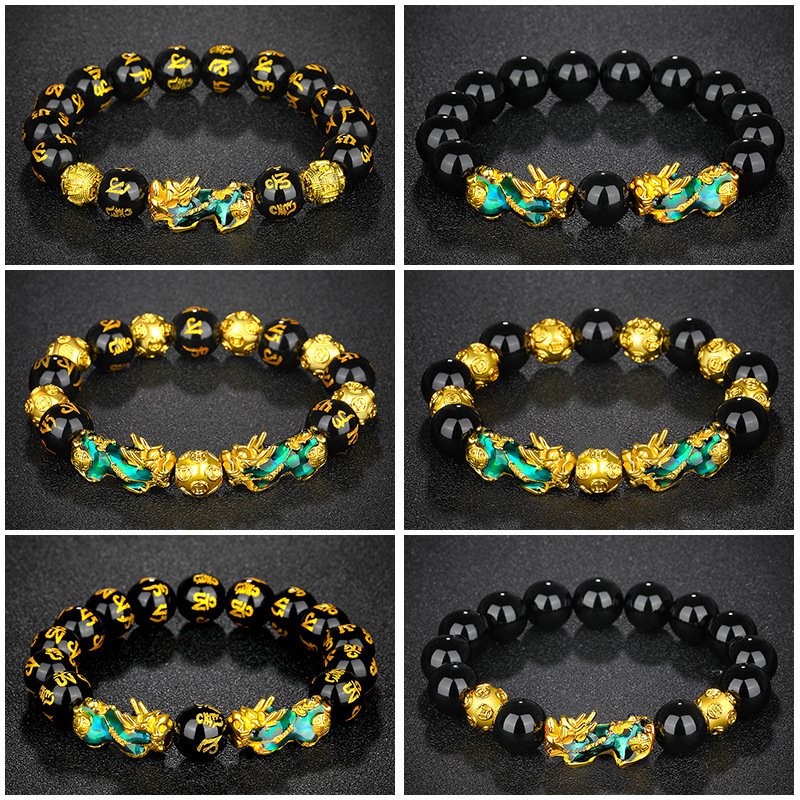 Vietnamese gold 3D temperature sensitive color changing Pixiu bracelet obsidian six character mantra Buddhist beads bracelet _voghion.com
