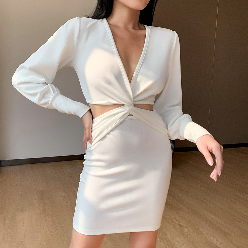 Solid Color Skirt Long-Sleeved V-Neck Puff Sleeve Top Set NSAFS102769