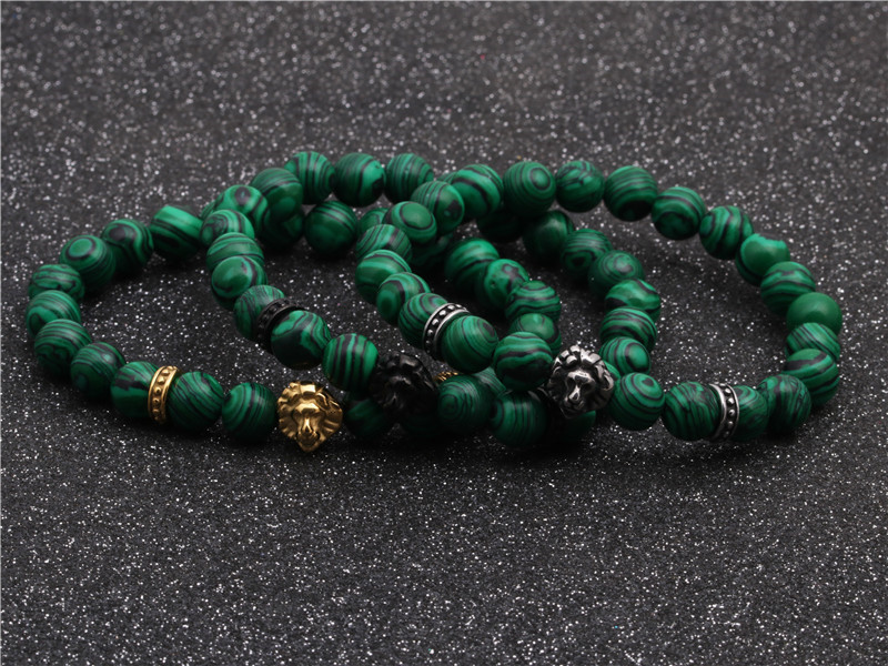 Fashion bracelets stainless steel lion head malachite beaded men and women bracelets