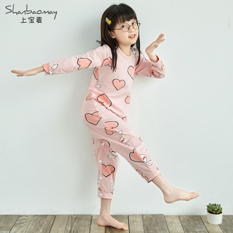 SHANGBAOMAI 봄 가을 신작 아동 원피스 잠옷, 여아 잠옷, 긴팔 원피스 잠옷, 가정복, 발길질 방지 및 감기 예방