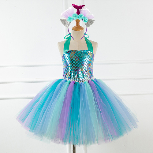 Girls modern dance colorful ballet dress flower girls pettiskirt cospaly show dress birthday party gift fish scale dress skirt