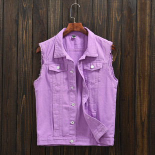 Trendy Brand Men's Purple Denim Vest Men's Spring and Autumn Large Size Korean Style Youth Slim-fit Casual Vest Waistcoat