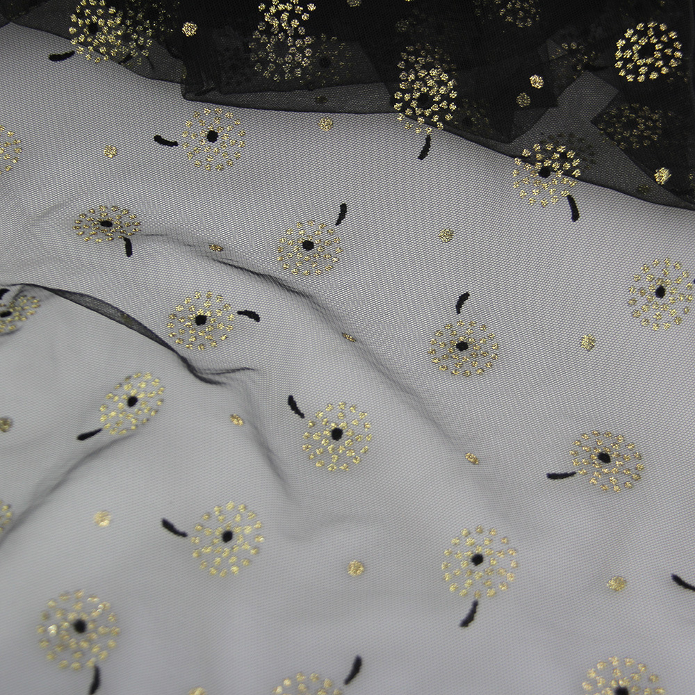 黑色现货童装纱植绒印金点网纱面料 网眼布植绒网布面料网纱