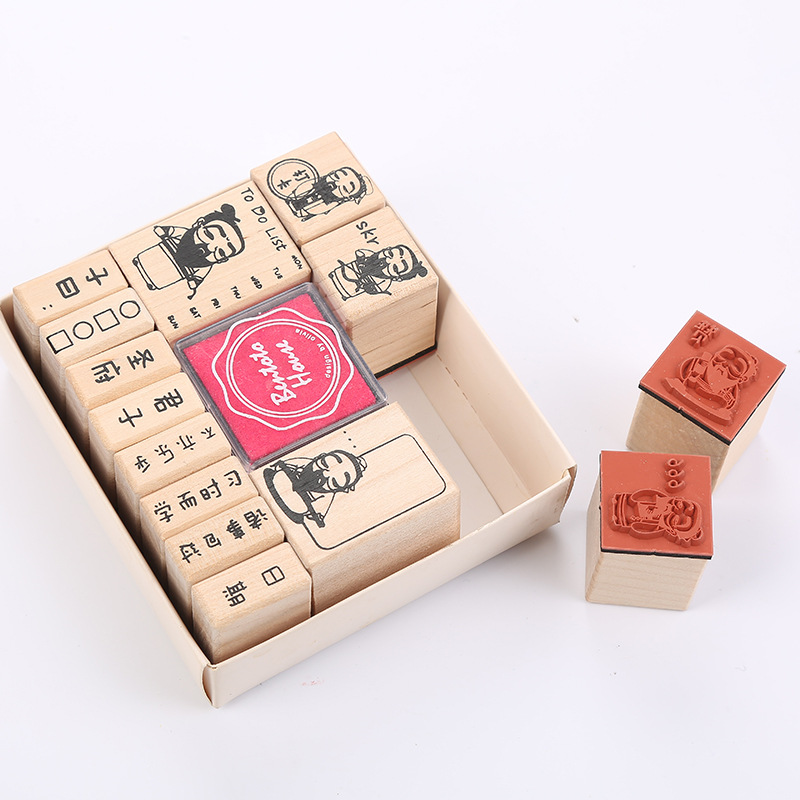 Sello de diario de madera traje de madera sello de juguete de goma de dibujos animados sello de madera ventas directas de fábrica