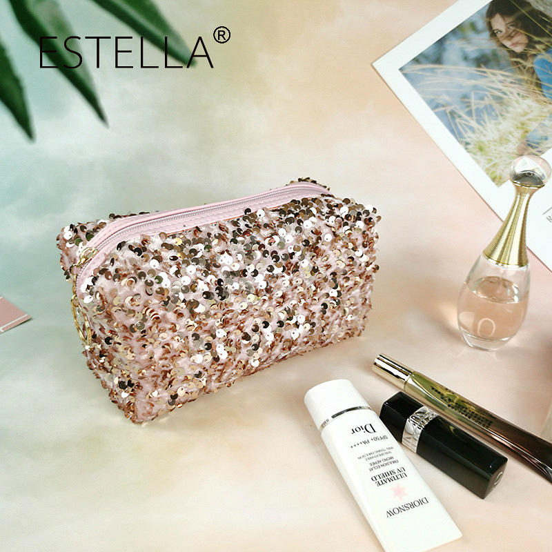 Bolsa de maquillaje de lentejuelas fabricada en fábrica para mujer, bolsa de almacenamiento de viaje INS, exquisita bolsa de aseo portátil de gran capacidad, estilo INS al por mayor