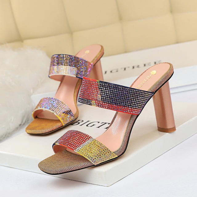 Korean chunky high heel shiny Rhinestone slippers