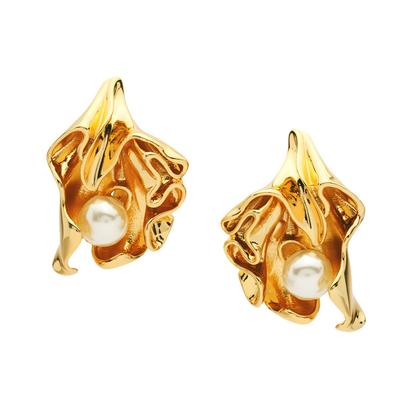 Artificial Gemstones Inlay Material Earrings Classification New Fashion Inlaid Pearl Folds Unique Flower Earrings Wholesale
