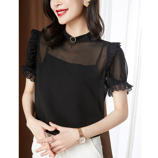 Two piece Lace Chiffon Blouse women’s short sleeve summer new loose temperament mesh splicing perspective blouse